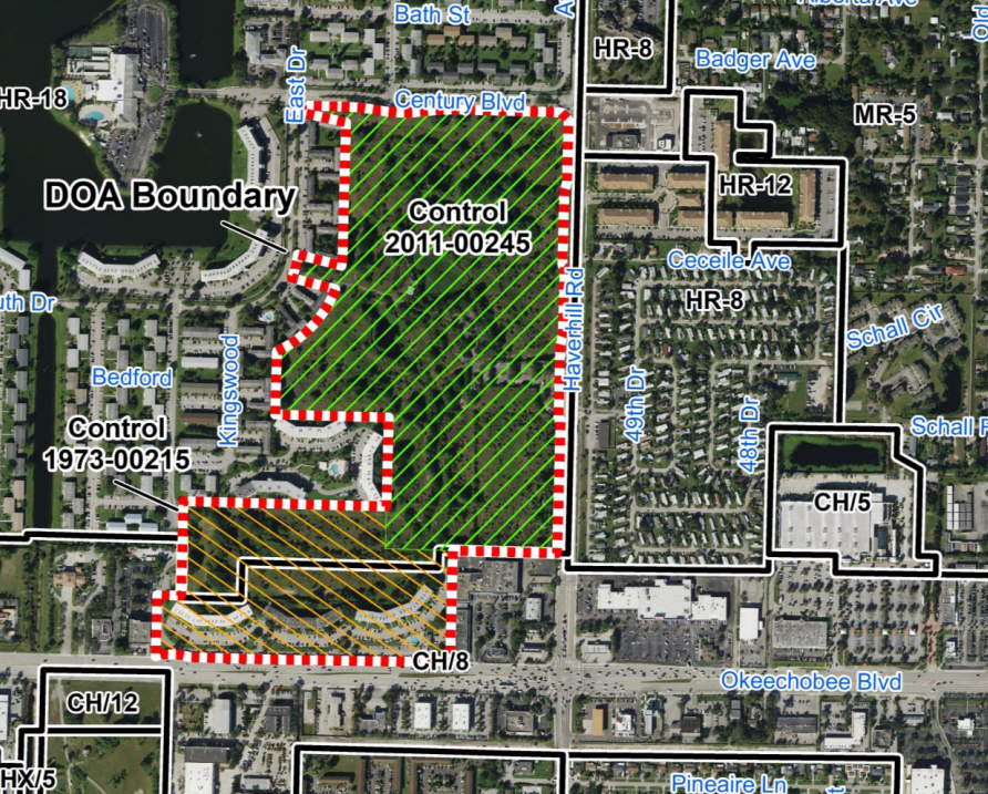 Site marked in red shows the development planned by D.R. Horton for the shuttered golf course at Century Village in West Palm Beach