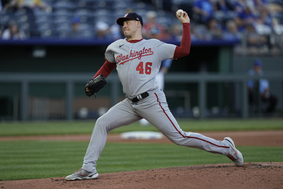 Washington Nationals starting pitcher Patrick Corbin throws during the first inning of a baseball game against the Kansas City Royals Friday, May 26, 2023, in Kansas City, Mo. (AP Photo/Charlie Riedel)