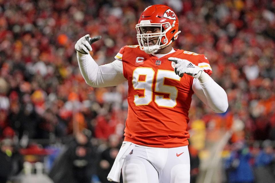 Kansas City Chiefs defensive tackle Chris Jones (95) reacts after a play against the Cincinnati Bengals during the second quarter of the AFC Championship game at GEHA Field at Arrowhead Stadium.