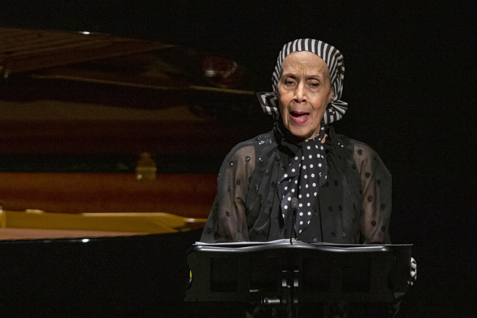 Carmen de Lavallade speaks to attendees during the memorial for actress Diahann Carroll at the Helen Hayes Theater on Sunday, Nov. 24, 2019 in New York. (AP Photo/Eduardo Munoz Alvarez)