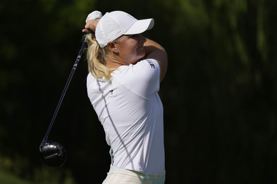 Anna Nordqvist hits off the first tee during the first day of round-robin play in the LPGA Bank of Hope Match Play golf tournament Wednesday, May 24, 2023, in North Las Vegas, Nev. (AP Photo/John Locher)