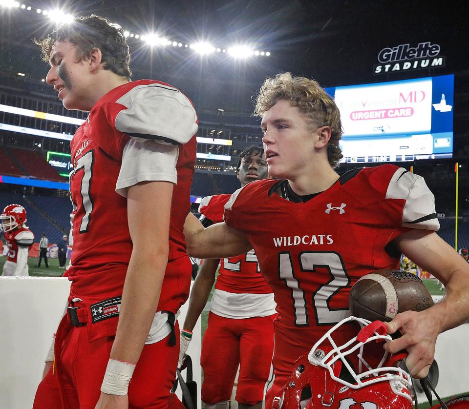 Owen McHugh consoles teammate Liam Faherty follow Saturday's loss in the Division 3 Super Bowl.