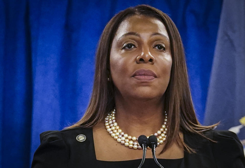 FILE - New York Attorney General Letitia James speaks during a press briefing, Friday, Feb. 16, 2024, in New York. A federal judge on Wednesday, March 6, 2024, permanently banned a Florida gun retailer from shipping gun parts to New York that officials say can be used to assemble untraceable ghost guns and sold without background checks. (AP Photo/Bebeto Matthews, File)