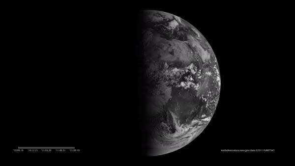 An animation shows pictures taken by a NASA satellite of the Earth throughout the year. The animation shows the Earth tilting toward and away from the sun.