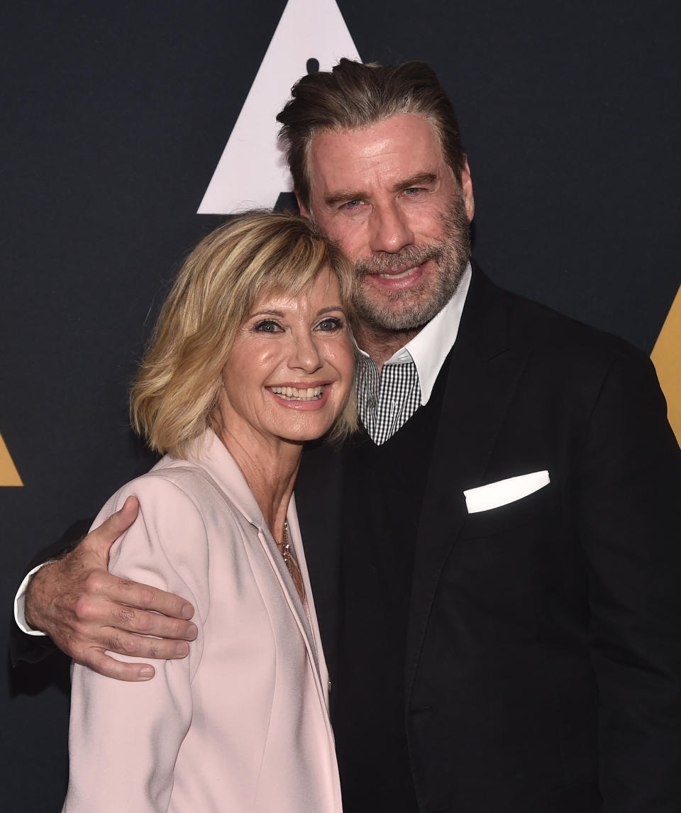 BEVERLY HILLS, CA - AUGUST 15:  Olivia Newton-John and John Travolta attend the Academy Presents "Grease" (1978) 40th Anniversary at the Samuel Goldwyn Theater on August 15, 2018 in Beverly Hills, California.  (Photo by Alberto E. Rodriguez/Getty Images)