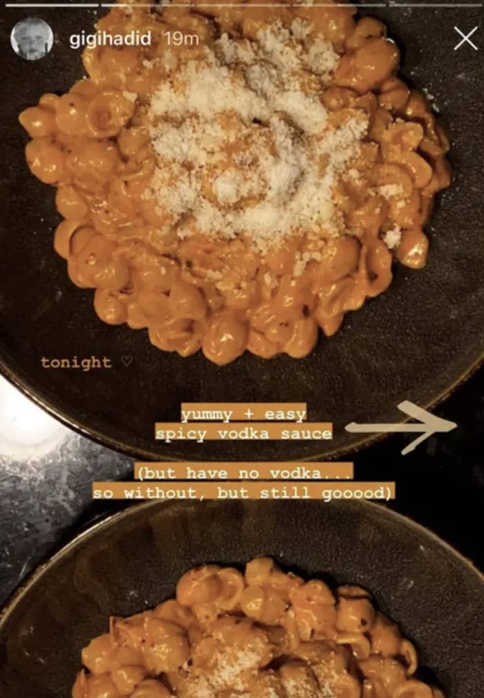 Gigi Hadid's Instagram story of her spicy vodka sauce recipe