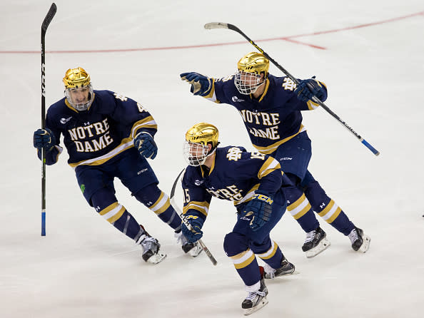 MANCHESTER, NH – MARCH 26: Andrew Oglevie #15 of the Notre Dame Fighting Irish celebrates his overtime winning goal against the Massachusetts Lowell River Hawks during the NCAA Division I Men’s Ice Hockey Northeast Regional Championship final at the SNHU Arena on March 26, 2017 in Manchester, New Hampshire. The Fighting Irish won 3-2 and advance to the Frozen Four in Chicago. (Photo by Richard T Gagnon/Getty Images)