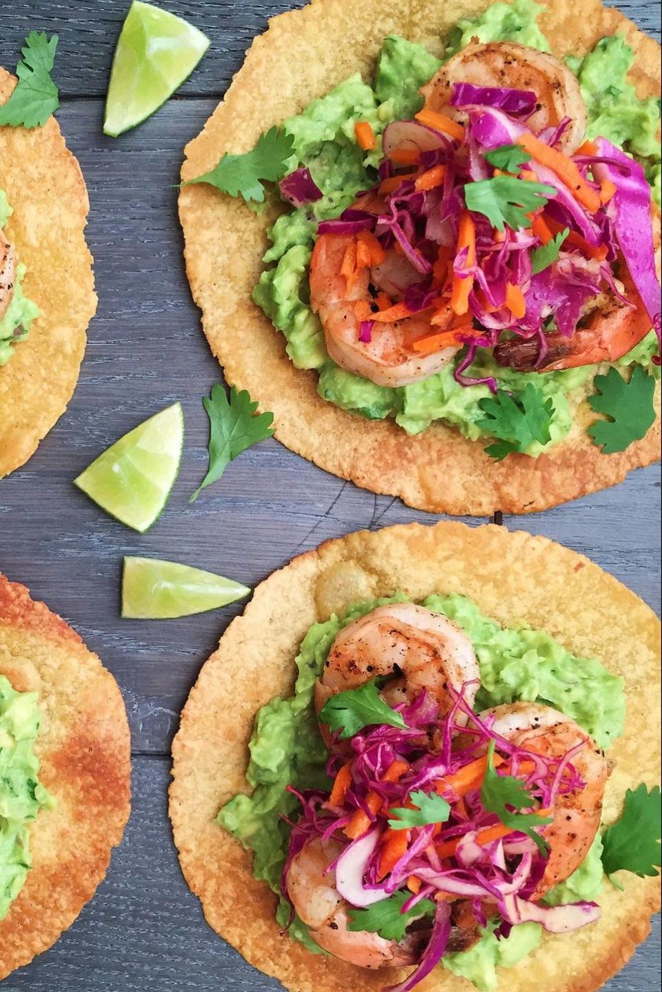 Grilled Shrimp Tostadas with Guacamole and Red Cabbage Slaw