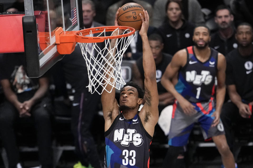 Brooklyn Nets center Nic Claxton dunks during the first half of an NBA basketball game against the Phoenix Suns, Wednesday, Jan. 31, 2024, in New York. (AP Photo/Mary Altaffer)