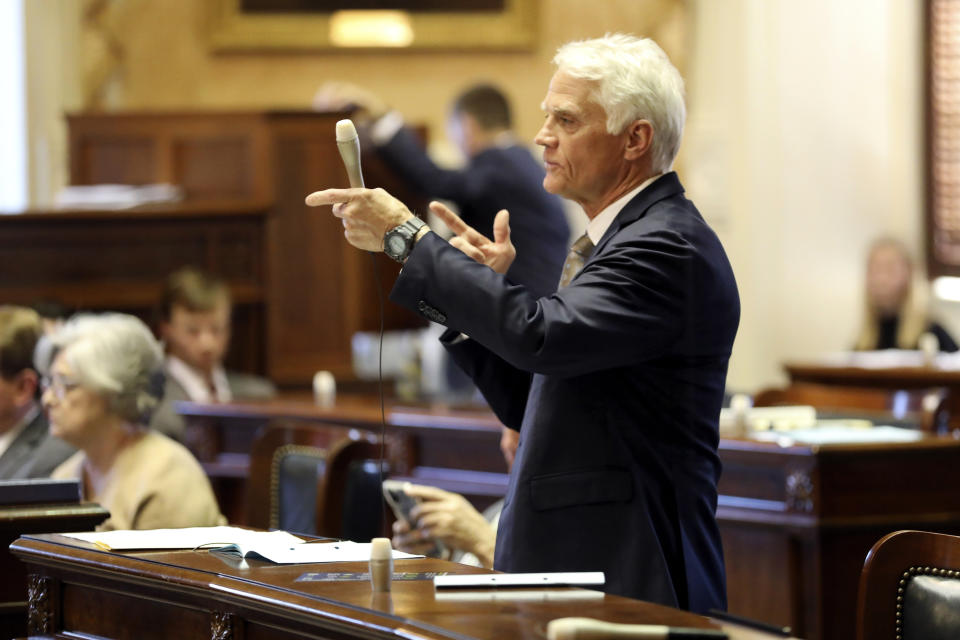 South Carolina state Sen. Chip Campsen, R-Isle of Palms, asks questions during a debate on permitless gun carry, Tuesday, Jan. 30, 2024, in Columbia, S.C. (AP Photo/Jeffrey Collins)