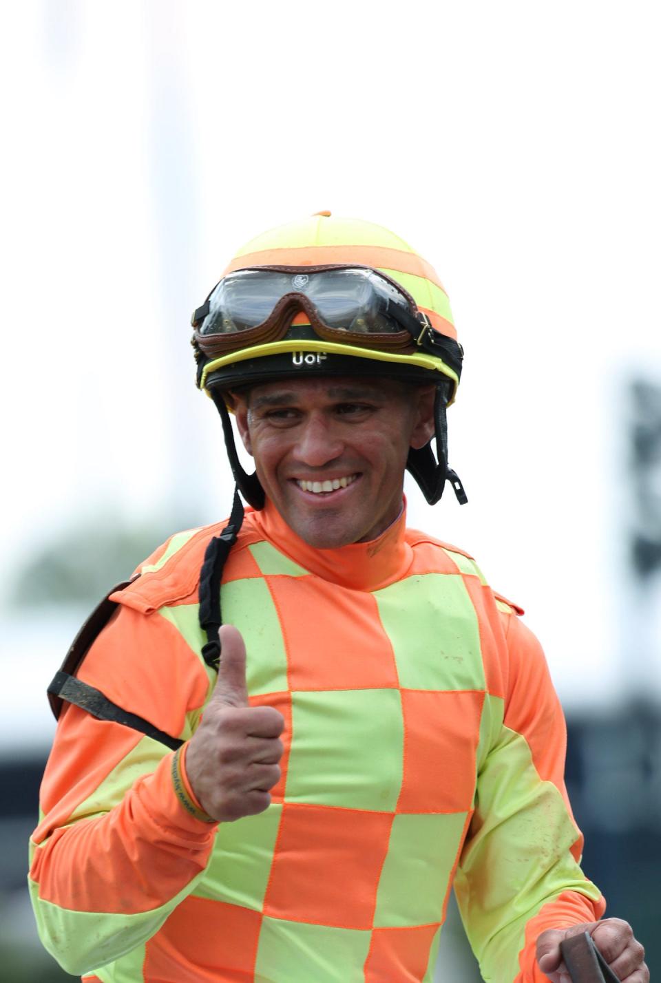 Javier Castellano, jockey of ‘Dame Dorthy’, smiles after winning the Humana Distaff.