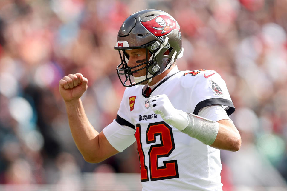 Tom Brady led Tampa Bay to a touchdown on their opening drive thanks in part to a questionable penalty. (Photo by Michael Reaves/Getty Images)