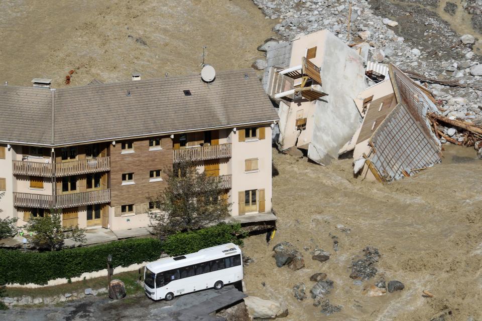 Floodwater circles around houses in Saint-Martin-Vesubie, southern France.