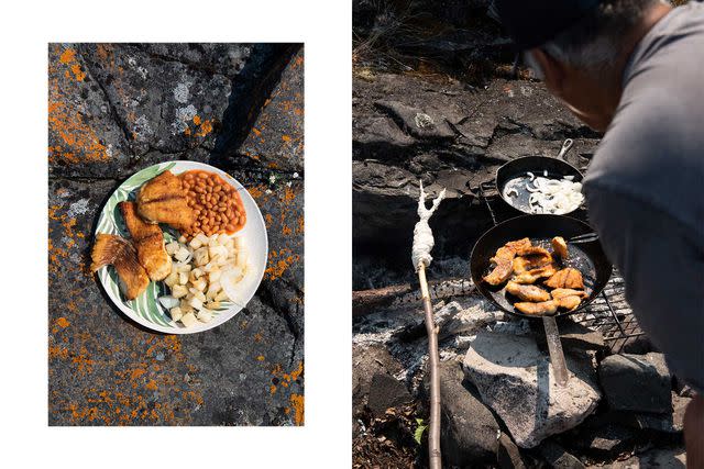 <p>Pat Kane</p> From left: Trout, beans and potatoes cooked over an open fire near Wildbread Bay; Ron Desjarlais preparing lunch, including trout and bannock.