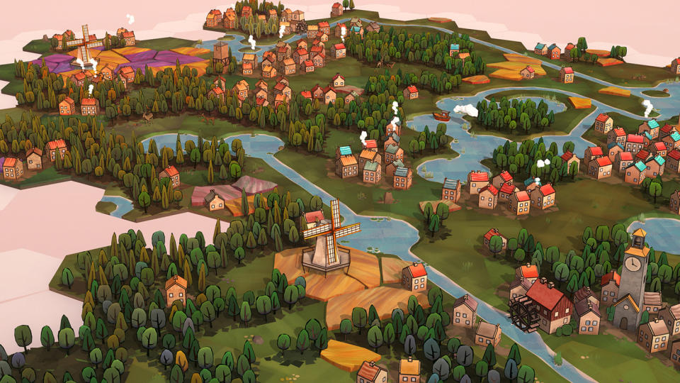 Dorfromantik - a landscape of hex tiles including yellow fields, forests, houses, and waterways
