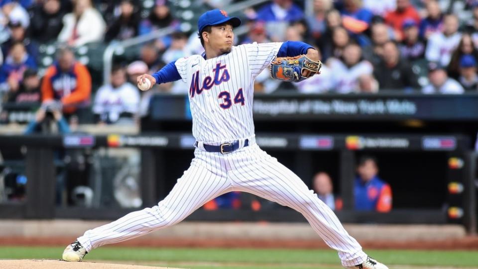 Apr 8, 2023; New York City, New York, USA; New York Mets starting pitcher Kodai Senga (34) pitches in the first inning against the Miami Marlins at Citi Field.