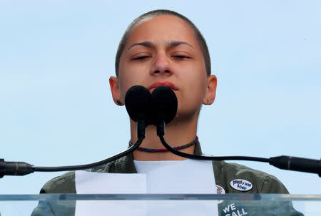 FILE PHOTO: Emma Gonzalez, a student and shooting survivor from the Marjory Stoneman Douglas High School in Parkland, Florida, cries as she addresses the conclusion of the "March for Our Lives" event demanding gun control after recent school shootings at a rally in Washington, DC, U.S., March 24, 2018. REUTERS/Jonathan Ernst/File Photo