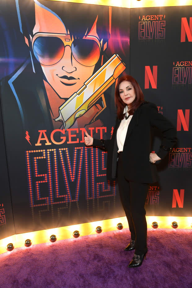 LOS ANGELES, CALIFORNIA - MARCH 07: Priscilla Presley attends Agent Elvis ATAS Official at Netflix Tudum Theater on March 07, 2023 in Los Angeles, California. (Photo by Charley Gallay/Getty Images for Neflix)<p><a href="https://www.gettyimages.com/detail/1472015102" rel="nofollow noopener" target="_blank" data-ylk="slk:Charley Gallay/Getty Images;elm:context_link;itc:0;sec:content-canvas" class="link ">Charley Gallay/Getty Images</a></p>