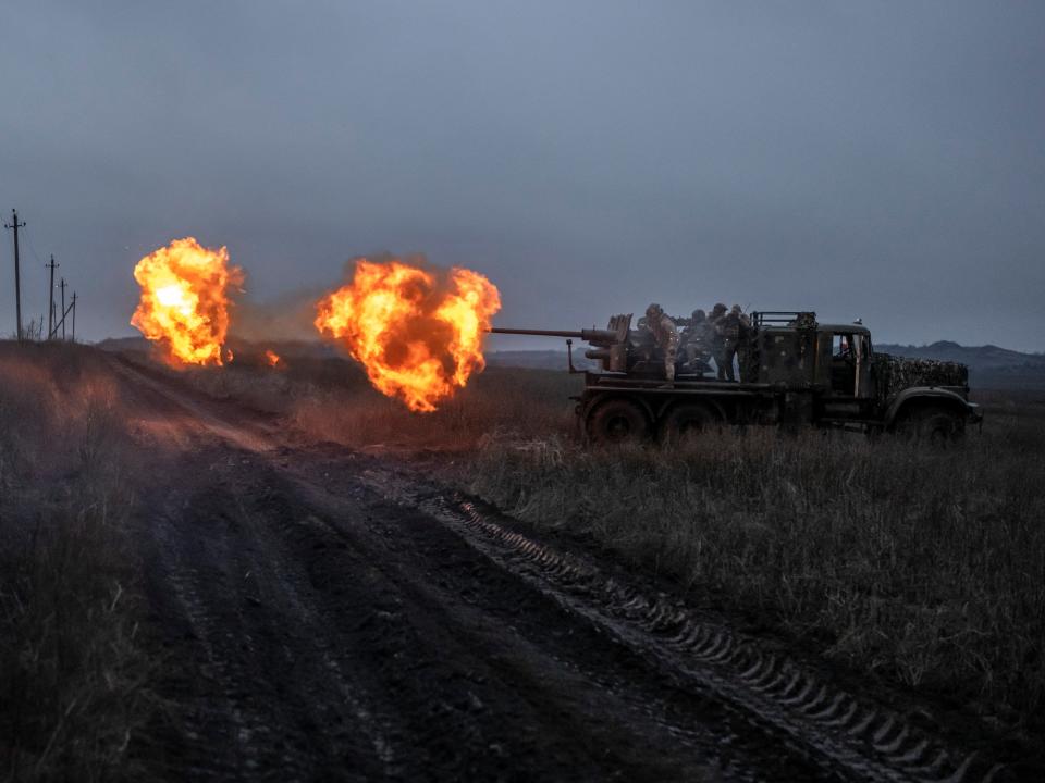 The Ukrainian Joint Assault Brigade Fury fires a S60 cannon towards Russian troops (REUTERS)