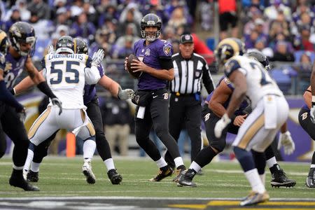 Nov 22, 2015; Baltimore, MD, USA; Baltimore Ravens quarterback Joe Flacco (5) drops back to pass during the first quarter against the St. Louis Rams at M&T Bank Stadium. Mandatory Credit: Tommy Gilligan-USA TODAY Sports