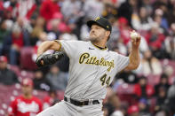 Pittsburgh Pirates starting pitcher Rich Hill delivers during the first inning of a baseball game against the Cincinnati Reds, Saturday, April 1, 2023, in Cincinnati. (AP Photo/Joshua A. Bickel)