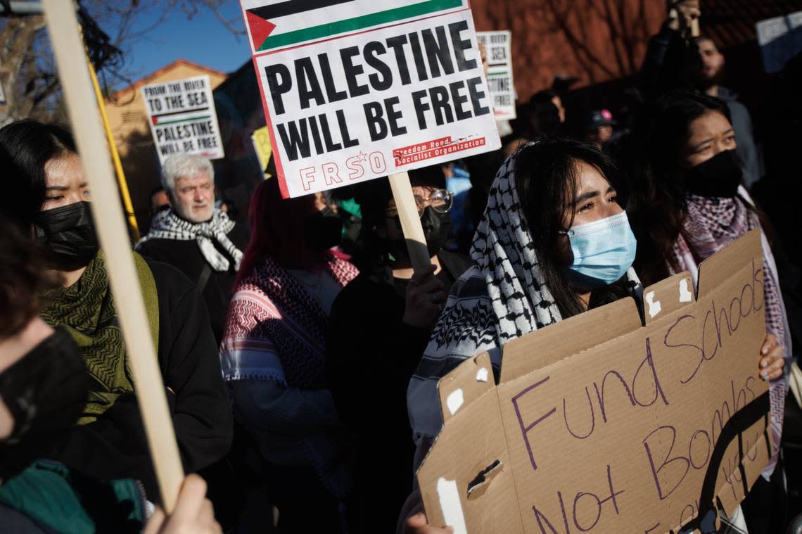 Protesters demand a cease-fire in Gaza outside Mexican Heritage Plaza in San Jose before the arrival of Vice President Kamala Harris during her nationwide “Fight for Reproductive Freedoms” tour on Monday.