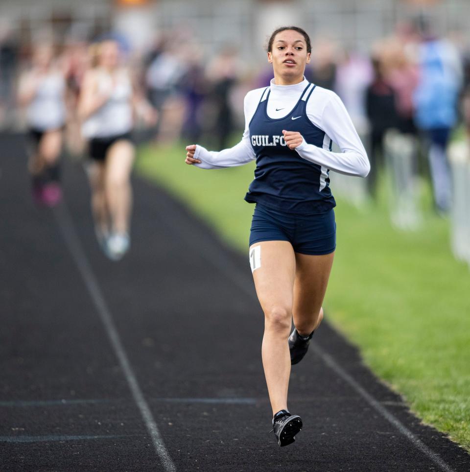 Guilford's Michelle Gasmund, pictured winning the NIC-10 title in the 800-meter run back on Thursday, May 5, 2022, in Belvidere, advanced to state in that event with a time of 2:19.22 on Wednesday, May 11, 2022, in Huntley.