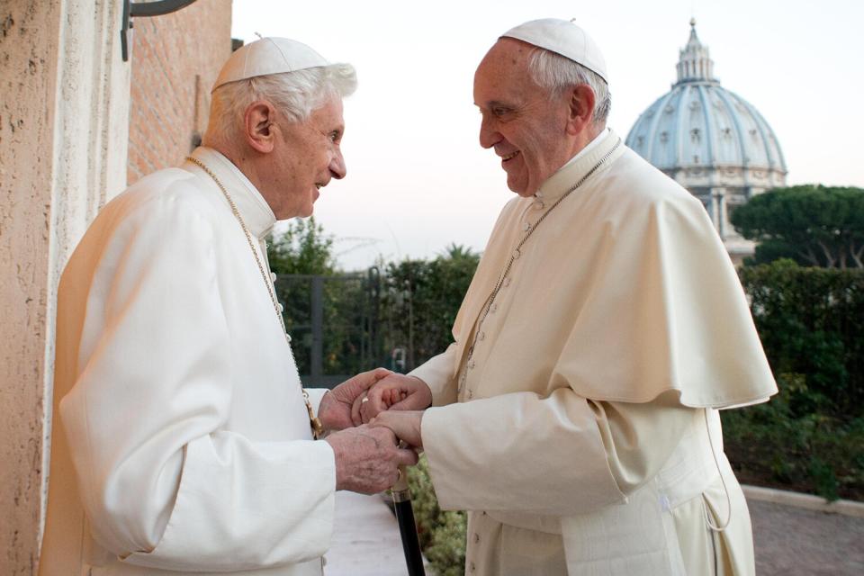 Pope Francis met former Pope Benedict XVI to exchange Christmas greetings, in the Mater Ecclesiae monastery, Benedict XVI's new residence on December 23, 2013 in Vatican City.