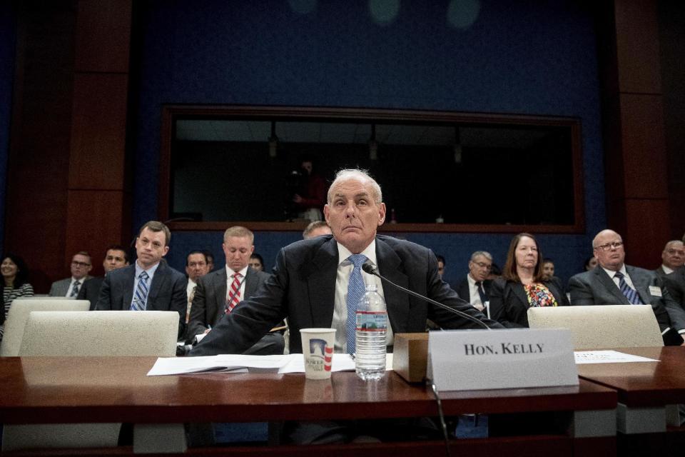 Homeland Security Secretary John Kelly listens to a question while testifying on Capitol Hill in Washington, Tuesday, Feb. 7, 2017, before the House Homeland Security Committee. This is Kelly's first public appearance before lawmakers who are sure to press him for details about the Trump administration's contentious rollout of a travel and refugee ban. (AP Photo/Andrew Harnik)