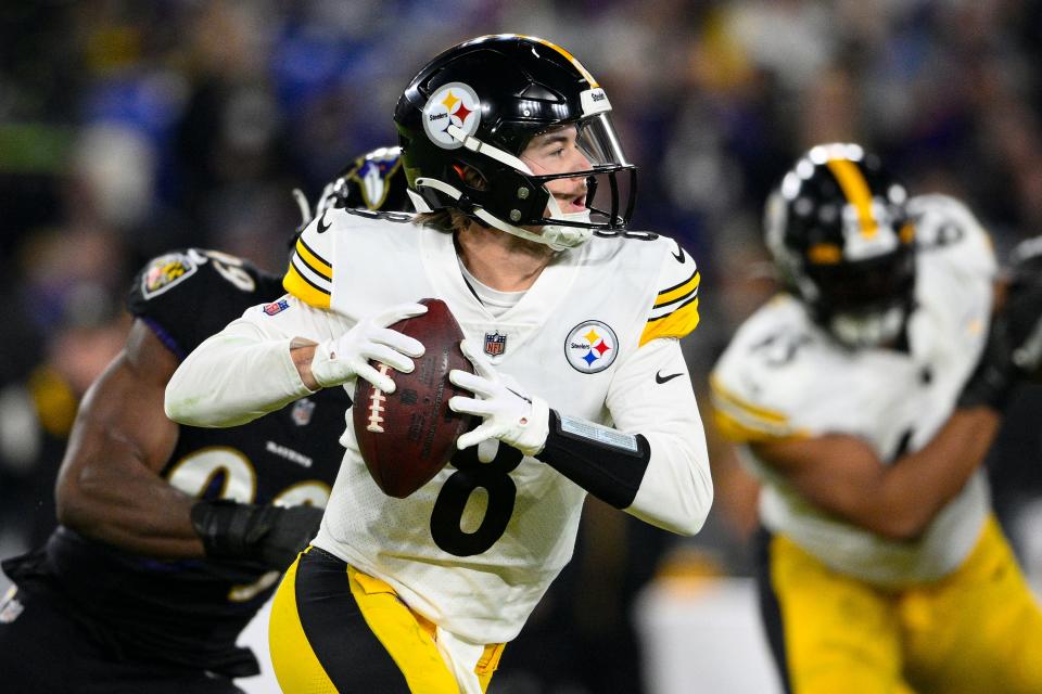 Pittsburgh Steelers quarterback Kenny Pickett (8) throws against the Baltimore Ravens in the first half of an NFL football game in Baltimore, Sunday, Jan. 1, 2023. (AP Photo/Nick Wass)