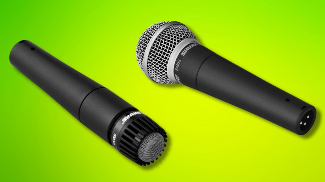  A Shure SM57 and SM58 on a bright green background. 