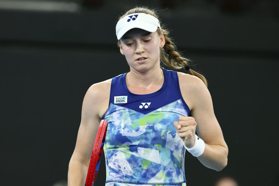 Elena Rybakina of Kazakhstan reacts after winning a point in her quarter-final match against Anastasia Potapova of Russia during the Brisbane International tennis tournament in Brisbane, Australia, Friday, Jan. 5, 2024. (AP Photo/Tertius Pickard)