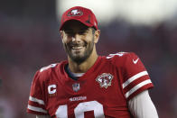 San Francisco 49ers quarterback Jimmy Garoppolo smiles after the 49ers defeated the Minnesota Vikings in an NFL football game in Santa Clara, Calif., Sunday, Nov. 28, 2021. (AP Photo/Jed Jacobsohn)