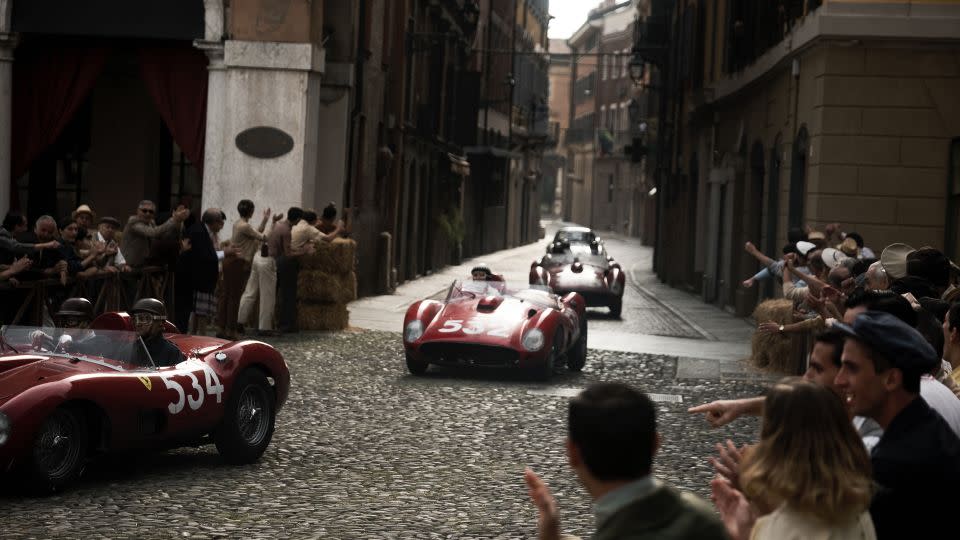 A scene in "Ferrari" filmed in Piazza Grande in the heart of Modena. The production shot on location for months during 2022. - Lorenzo Sisti/NEON