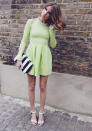 Celebrities in pastel fashion: Millie Mackintosh teamed her lime green dress with a <a href="http://uk.lifestyle.yahoo.com/photos/celebrity-fashion-stripes-pictures-slideshow/" data-ylk="slk:striped;elm:context_link;itc:0;sec:content-canvas;outcm:mb_qualified_link;_E:mb_qualified_link;ct:story;" class="link  yahoo-link">striped</a> clutch.<br><br>[Rex]