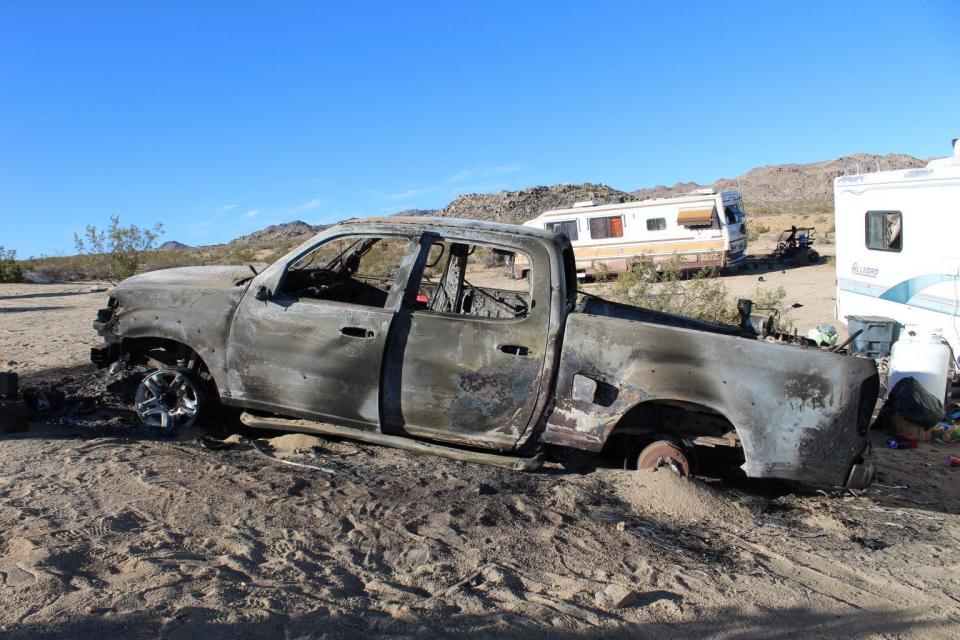 A man and a woman were doused with gasoline and set on fire while sitting in a pickup truck in Johnson Valley on Monday, June 19, 2023.