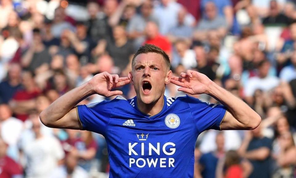 Jamie Vardy cups his ears to the fans after opening the scoring against West Ham.