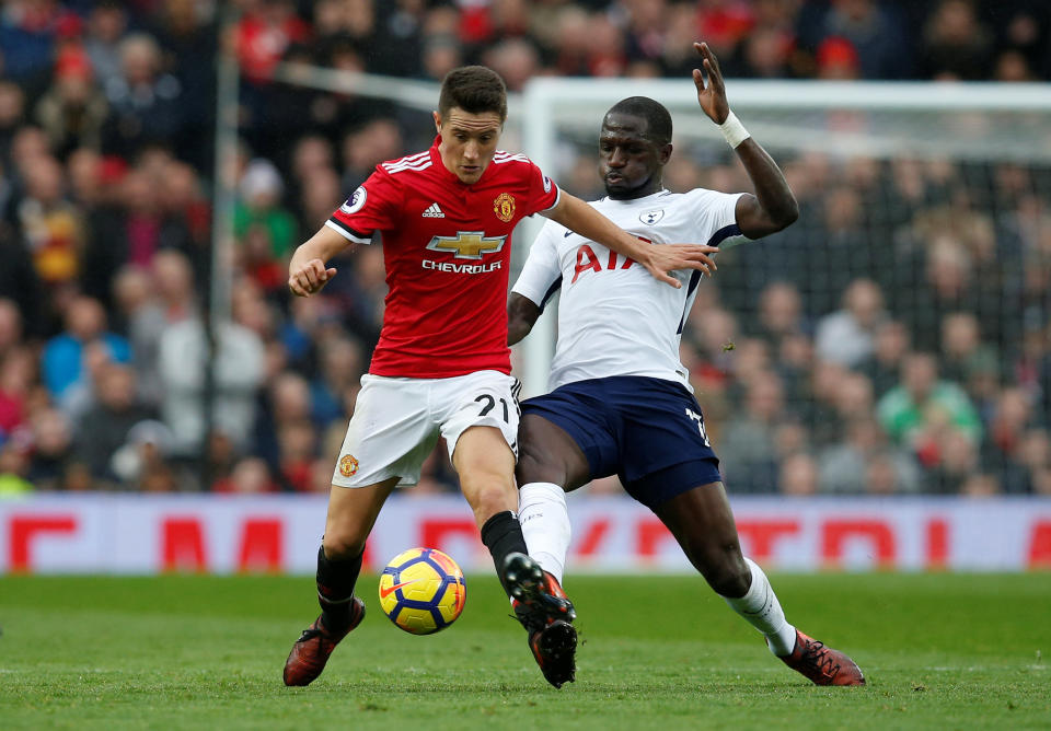 <p>Manchester United’s Ander Herrera gets the better of Moussa Sissoko</p>