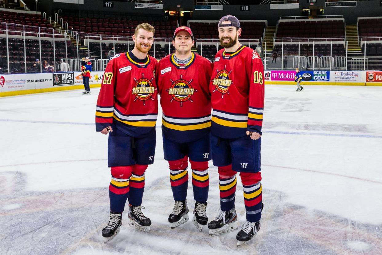 Peoria Rivermen captain Alec Hagaman (left), Nathan Chasteen (middle) and Mitch McPherson (right) are all Peoria natives and played together on a line the last two games.