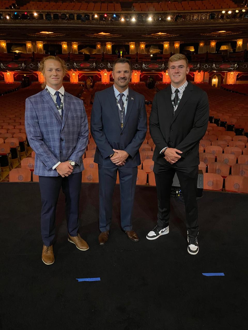 Ball State football linebacker Clayton Coll (left), head coach Mike Neu (middle) and tight end Brady Hunt attended the MAC Football Kickoff event at Fox Theatre in Detroit, Michigan, on Thursday, July 20, 2023.