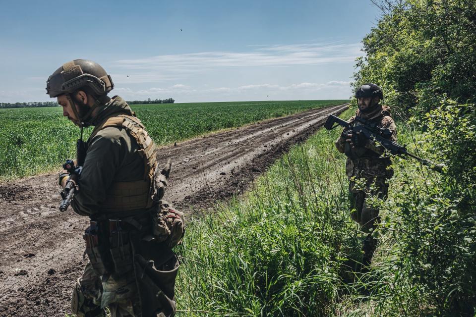 Ukrainian soldiers on the front line in the Donbas region of eastern Ukraine.