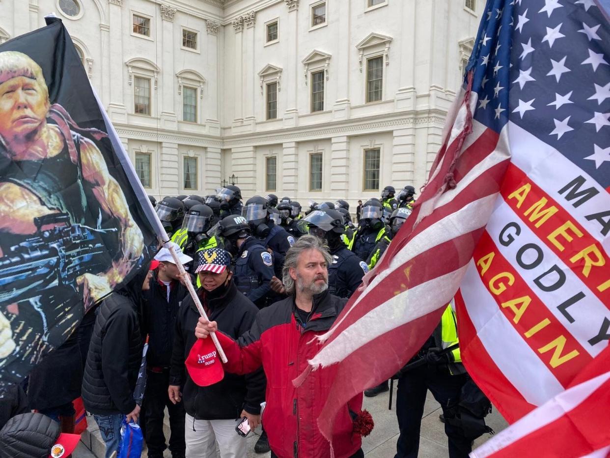 Security forces block the entrance after rioters, including some carrying Christian symbols and signs, breached the U.S. Capitol on Jan. 6. (Photo: Tayfun Coskun/Anadolu Agency via Getty Images)