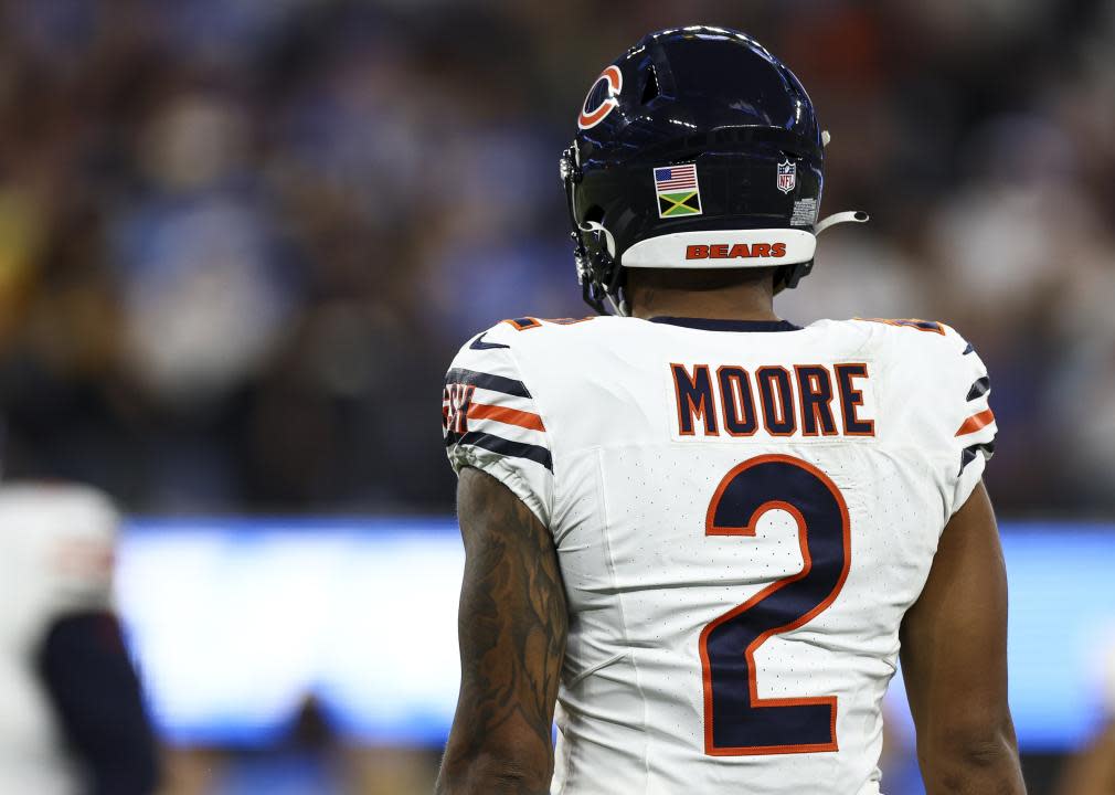 A detailed shot of a Jamaica flag on the helmet of DJ Moore of the Chicago Bears.