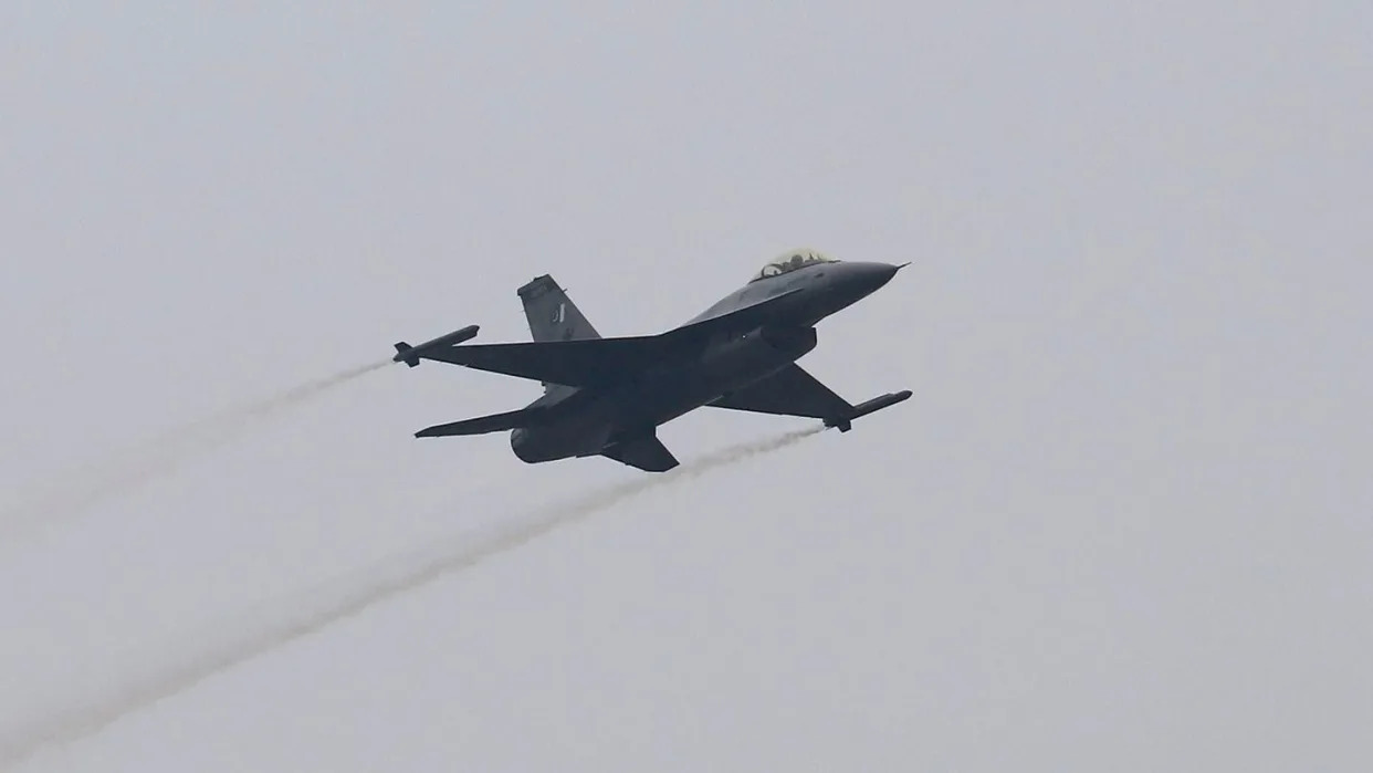 A Pakistan Air Force fighter jet flies during a military parade in Islamabad, Pakistan, on March 23, 2024. (AP)