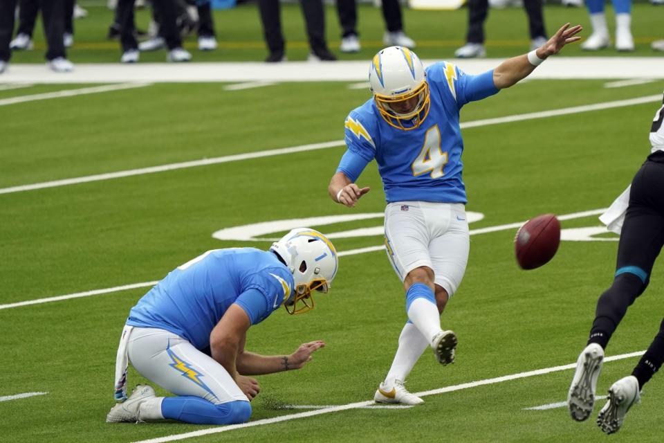 Chargers kicker Michael Badgley boots a field goal against the Jacksonville Jaguars in October.
