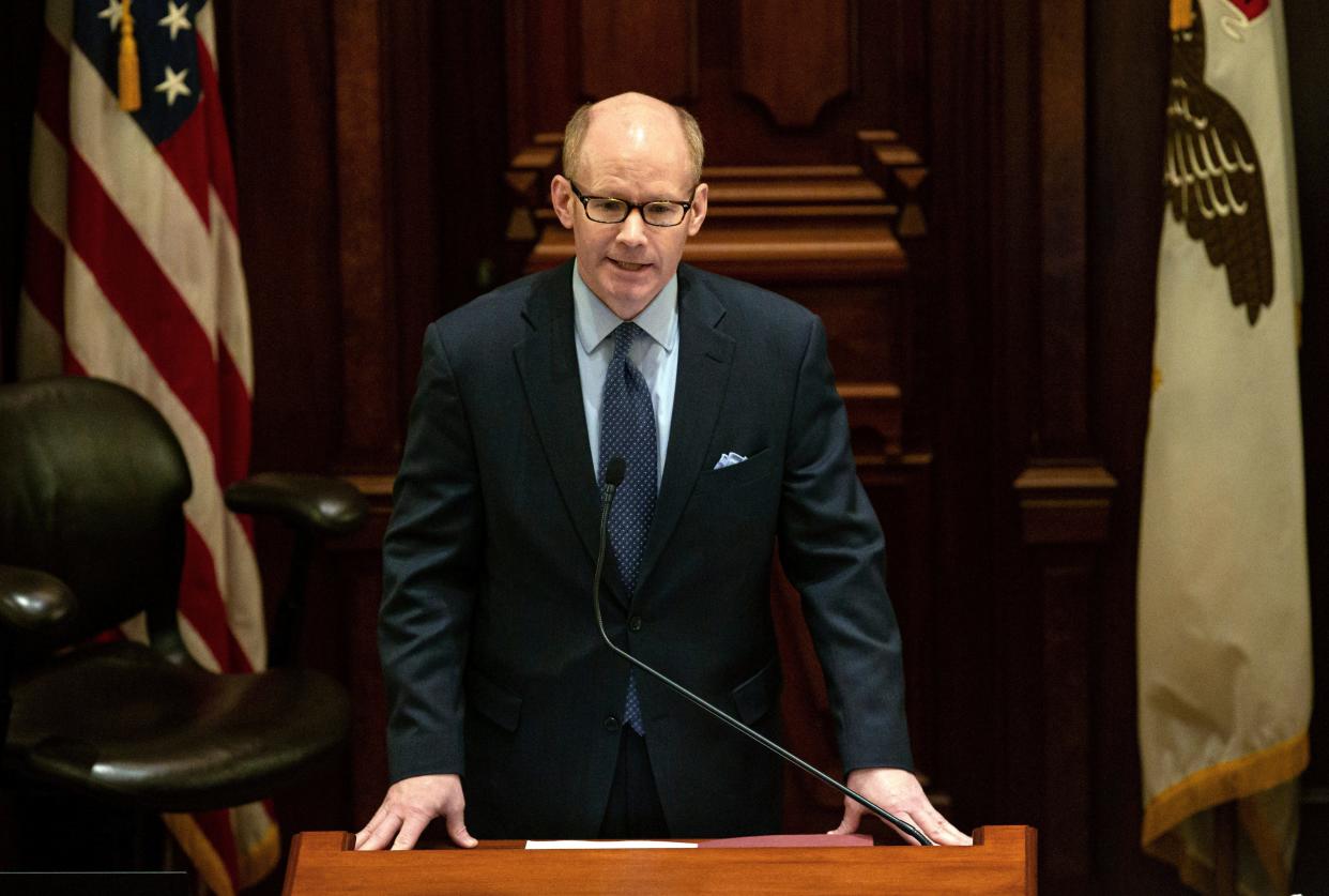 Illinois Senate President Don Harmon, D-Oak Park, delivers remarks after taking the oath of office in the Illinois Senate at the Illinois State Capitol, on  Jan. 19, 2020, in Springfield, Ill. The Illinois Senate approved a ban on semiautomatic weapons Monday, Jan. 9, 2023, just hours after Gov. J.B. Pritzker was sworn into his second term and delivered his disgust over frequent deadly shootings.  “We've been dealing with gun violence in all fashions for far too long.,” said Harmon, sponsoring the legislation. (Justin L. Fowler/The State Journal-Register)