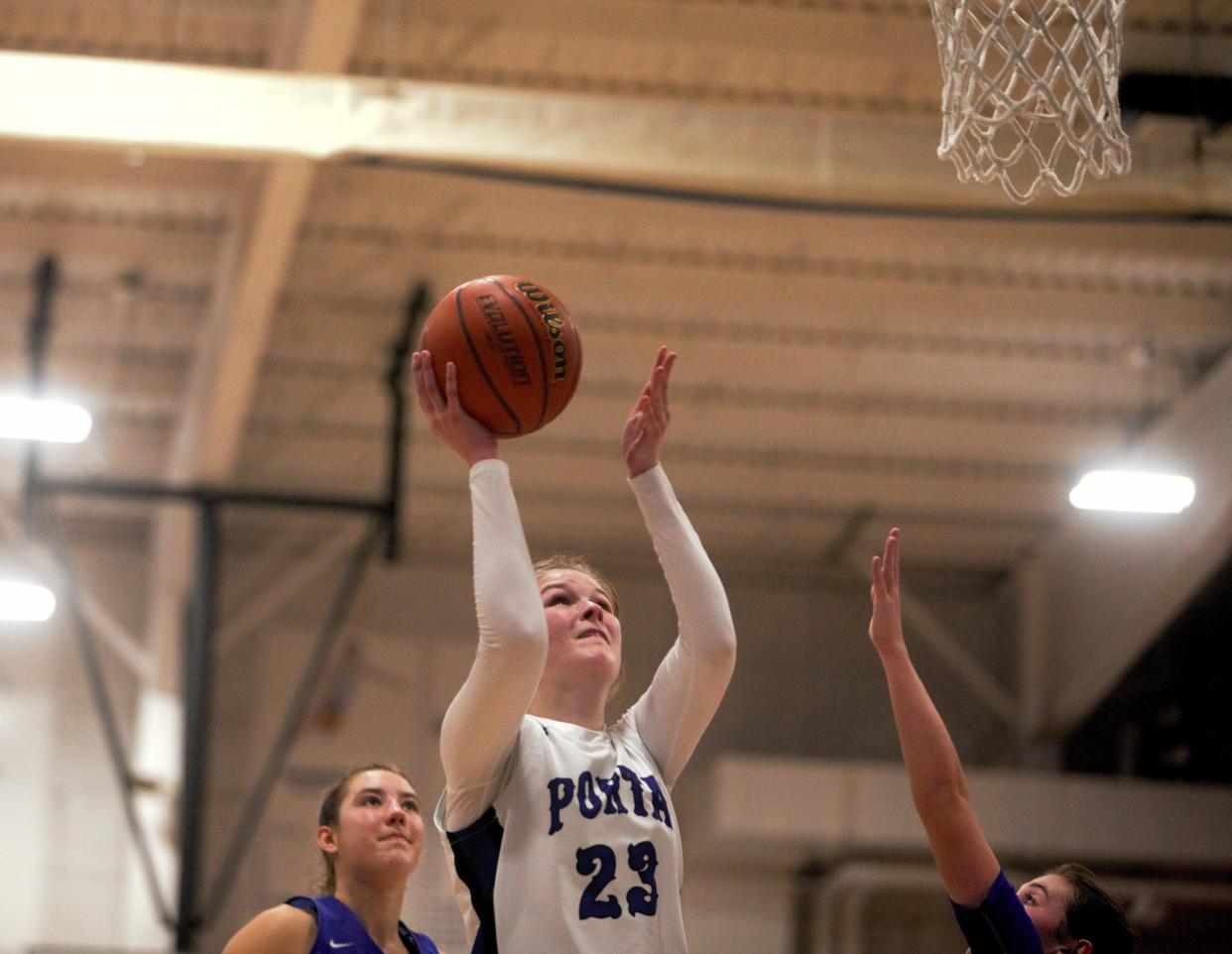 Petersburg PORTA/A-C Central's Carson Arthalony attempts a shot against Pleasant Plains during a Sangamo Conference girls basketball game on Wednesday, Feb. 7 2024.
