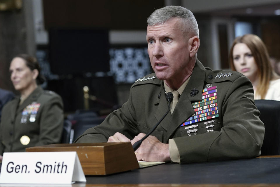 FILE - Marine Gen. Eric Smith, testifies during the Senate Armed Services hearing on his nomination to lead the U.S. Marine Corps, June 13, 2023, on Capitol Hill in Washington. The Senate is confirming three of the Pentagon’s top leaders, filling the posts after monthslong delays and as a Republican senator is still holding up hundreds of other nominations and promotions for military officers. (AP Photo/Mariam Zuhaib, File)