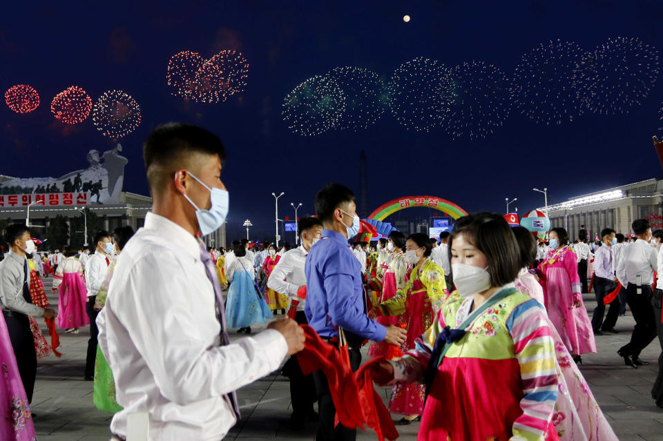 Students and youth attend a dancing party in celebration of the 110th birth anniversary of its late founder Kim Il Sung at Kim Il Sung Square in Pyongyang, North Korea Friday, April 15, 2022. (AP Photo/Jon Chol Jin)