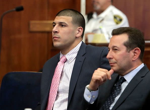 BOSTON - OCTOBER 5: Aaron Hernandez sits at a hearing on the murder charges against him at Suffolk Superior Court in Boston on Oct. 5, 2016.  Hernandez is a former NFL player for the New England Patriots. (Photo by John Blanding/The Boston Globe via Getty Images)